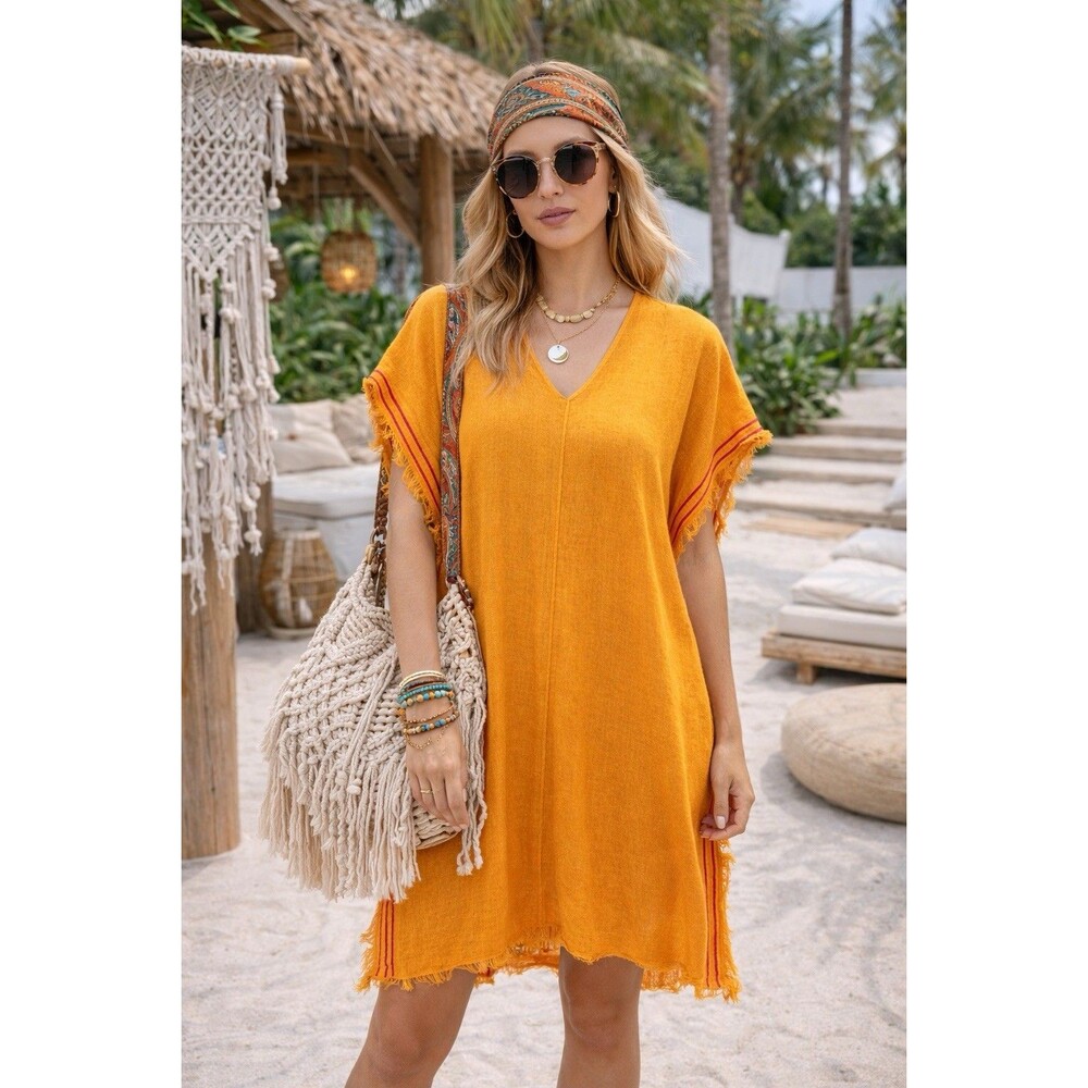 Zara Linen Blend Long Poncho Tunic Cover Up Mini Caftan Orange Fringe